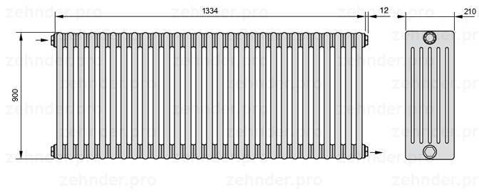 Схема (чертеж) Радиатор Zehnder Charleston 6090/29 №1670 Белый глянцевый RAL 9016